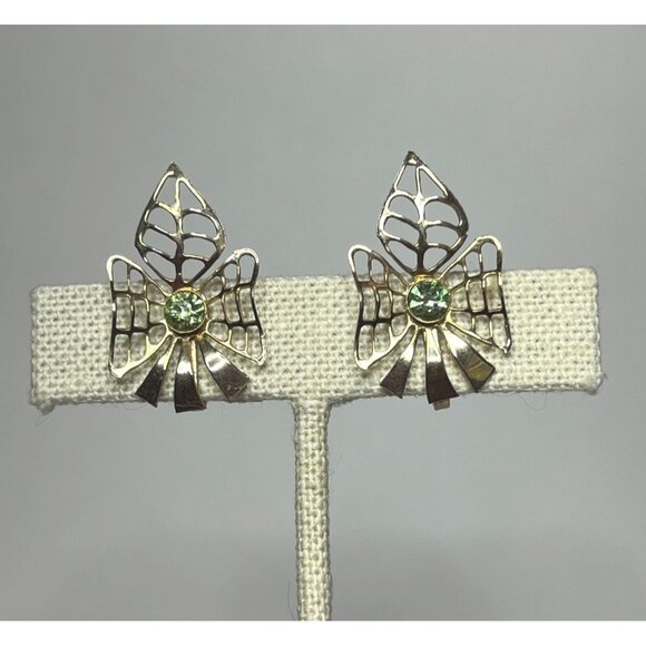 Vintage Filigree Screw Back Earrings With Green Rhinestones - Picture 1 of 7